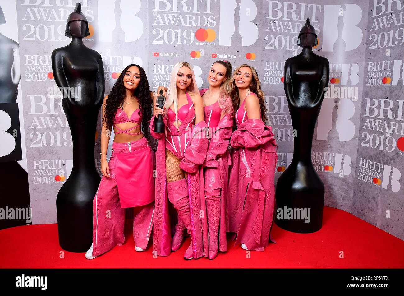 Leigh-Anne Pinnock, Jesy Nelson, Perrie Edwards and Jade Thirlwall of Little  Mix with their Best British Video Brit Award in the press room at the Brit  Awards 2019 at the O2 Arena,