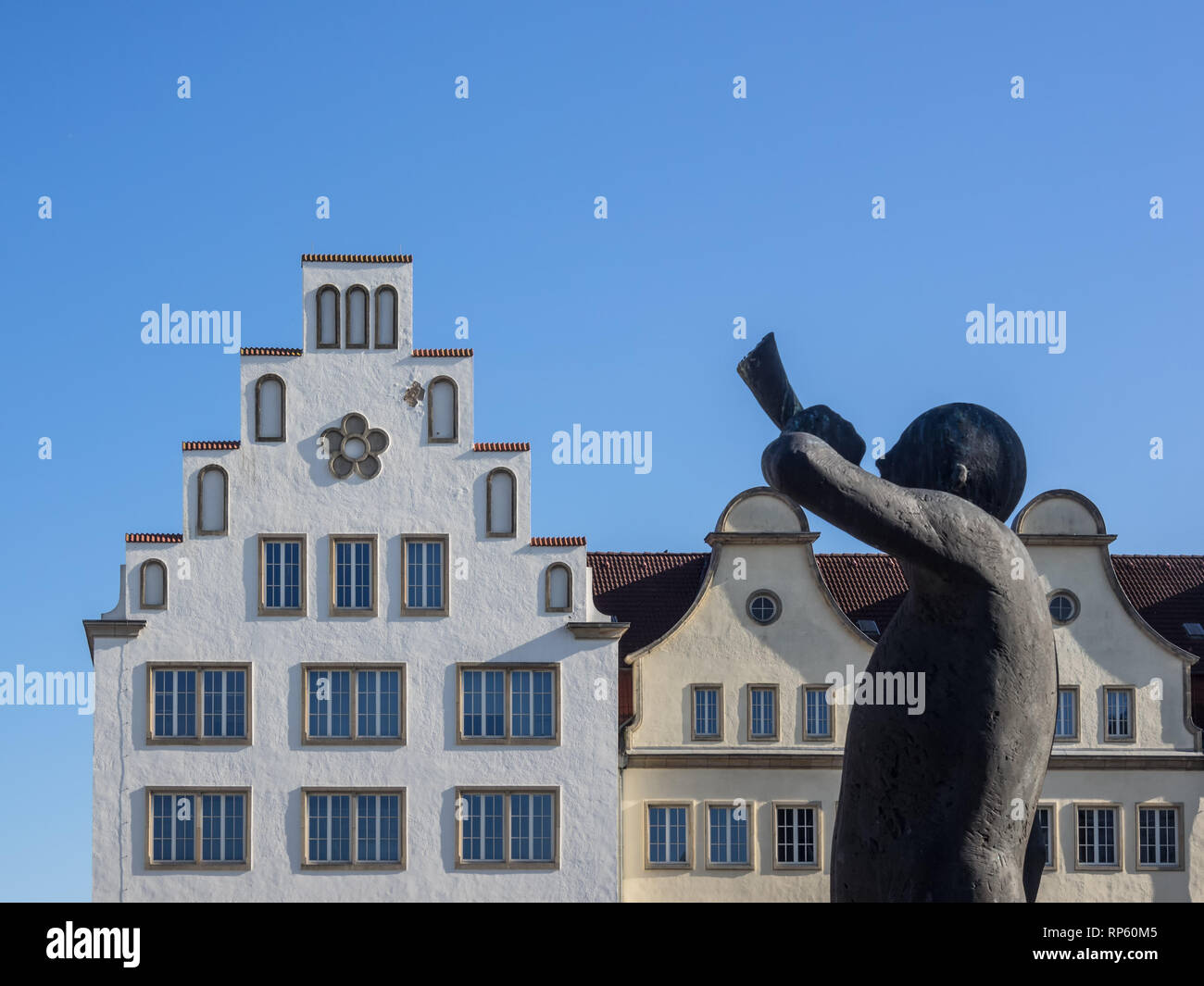 historic houses and fountain in the old town of Rostock, Germany Stock ...
