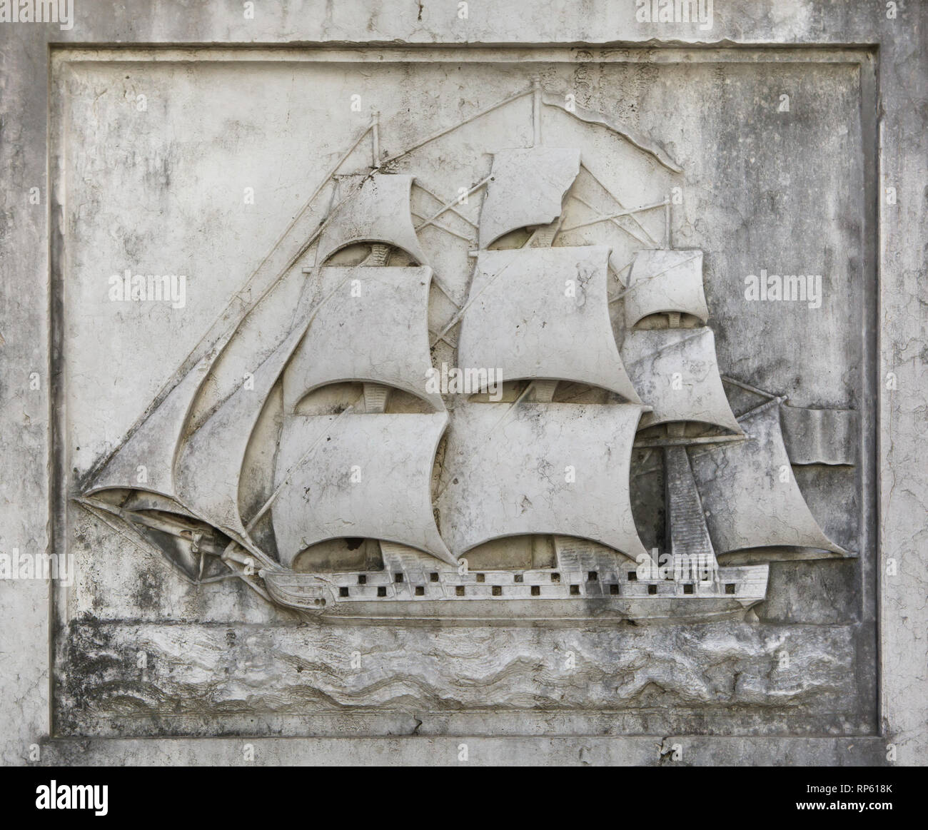 Portuguese sailing ship depicted in the stone plaque dated from the 19th century on display in the Carmo Archaeological Museum (Museu Arqueológico do Carmo) in the former Carmo Convent (Convento do Carmo) in Lisbon, Portugal. Stock Photo
