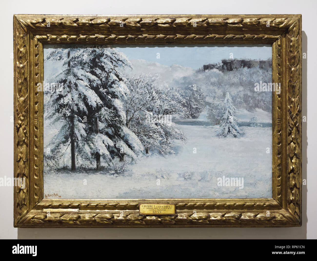 Painting 'Winter Landscape' by French realist painter Gustave Courbet (1868) on display in the National Museum of Ancient Art (Museu Nacional de Arte Antiga) in Lisbon, Portugal. The painting was donated to the museum by British businessman and philanthropist Calouste Gulbenkian in 1952. Stock Photo