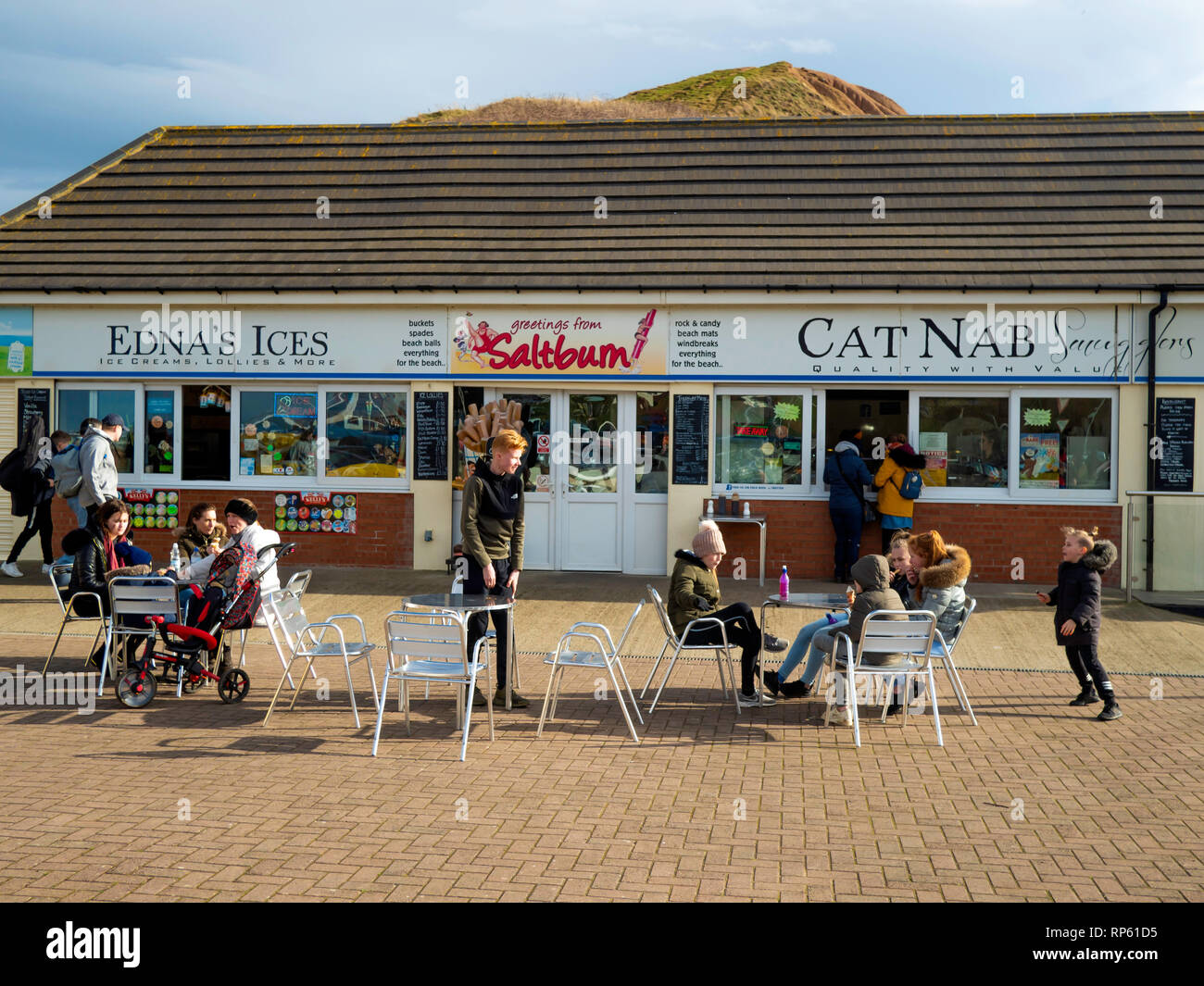 A busy beach café at Cat Nab Saltburn by the Sea North Yorkshire with