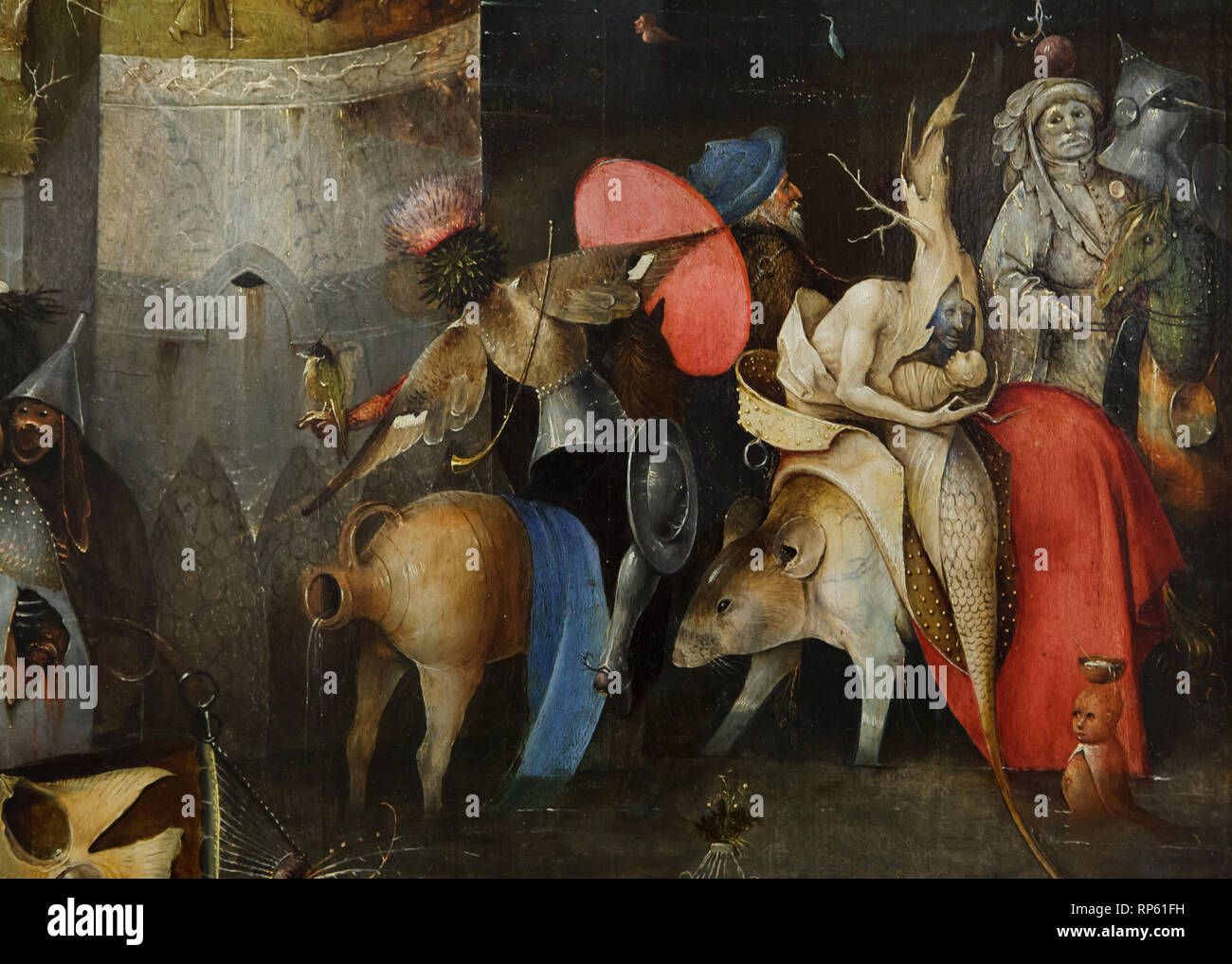Detail of the altar triptych 'Temptation of Saint Anthony' by Dutch Renaissance painter Hieronymus Bosch (1490-1500) on display in the National Museum of Ancient Art (Museu Nacional de Arte Antiga) in Lisbon, Portugal. Stock Photo