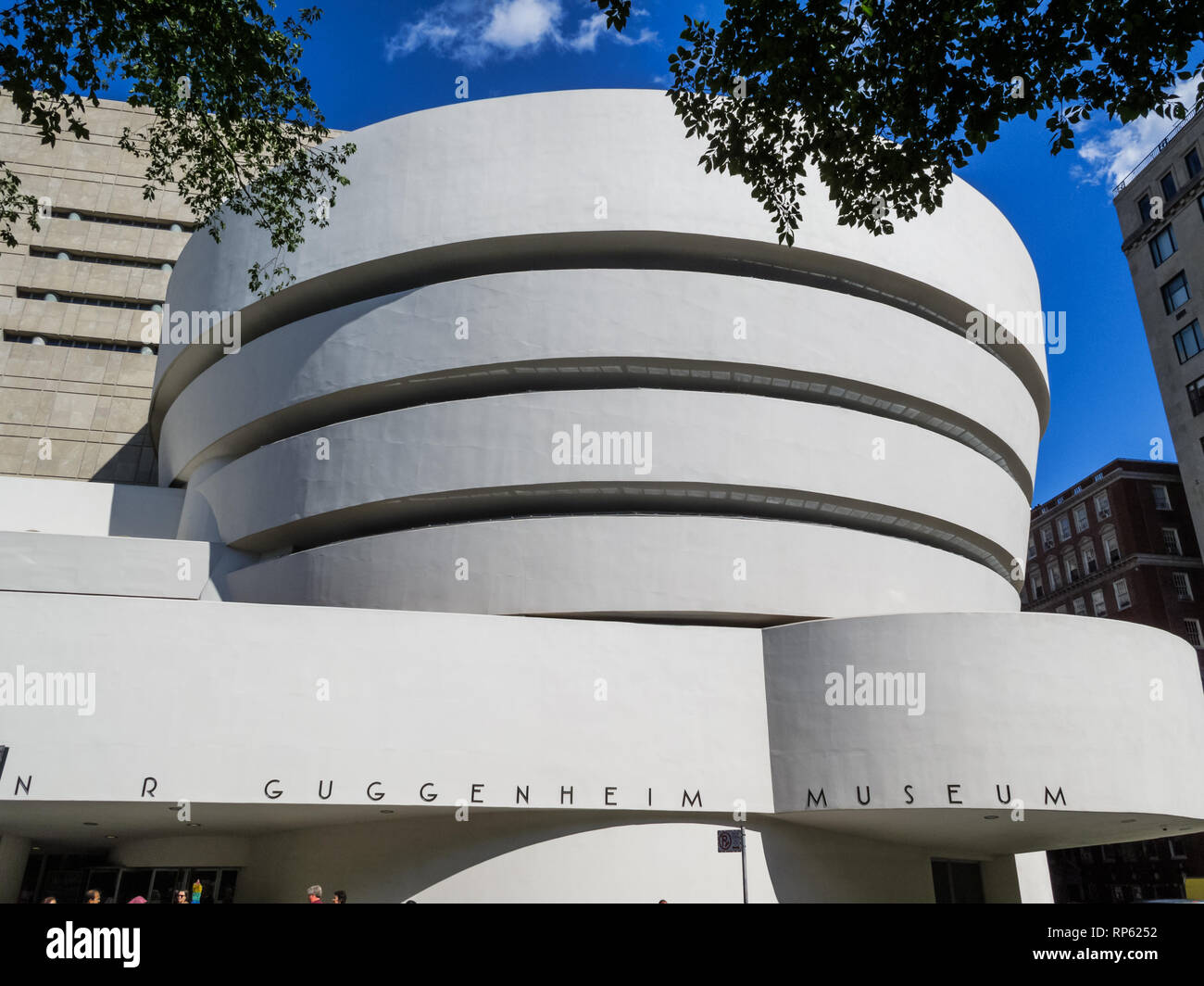 Closeup, exterior of round white Guggenheim museum in New York City Stock Photo