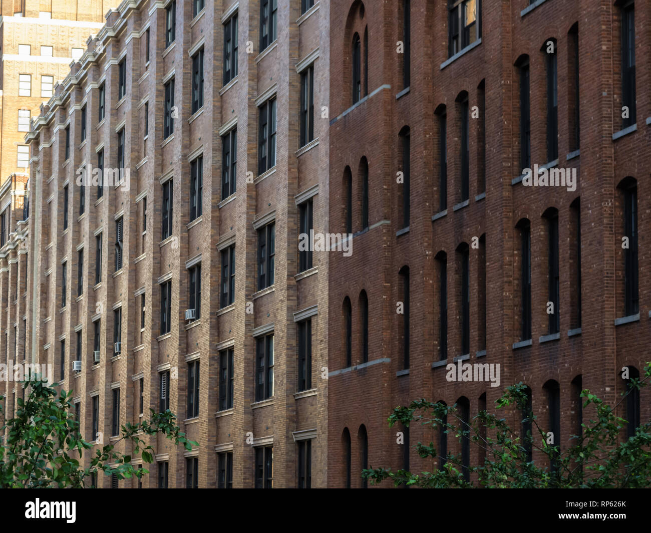 Side view of two different style tall office buildings in the city next to each other Stock Photo