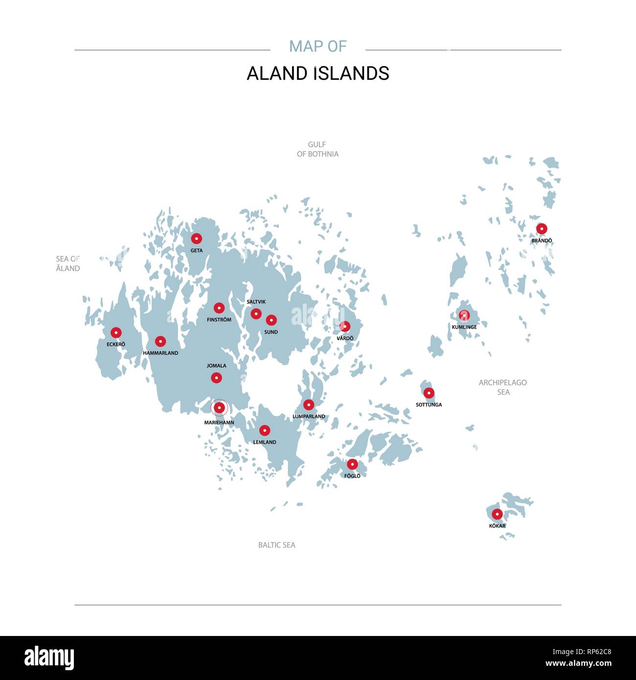Aland Islands vector map. Editable template with regions, cities, red pins and blue surface on white background. Stock Vector