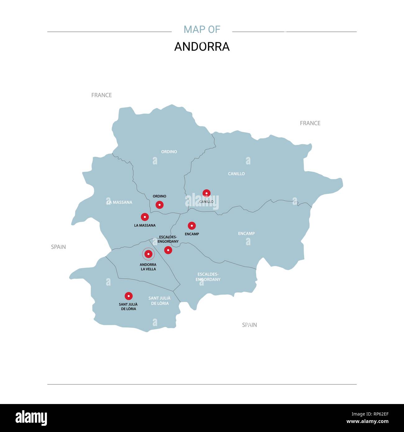 Andorra vector map. Editable template with regions, cities, red pins and blue surface on white background. Stock Vector