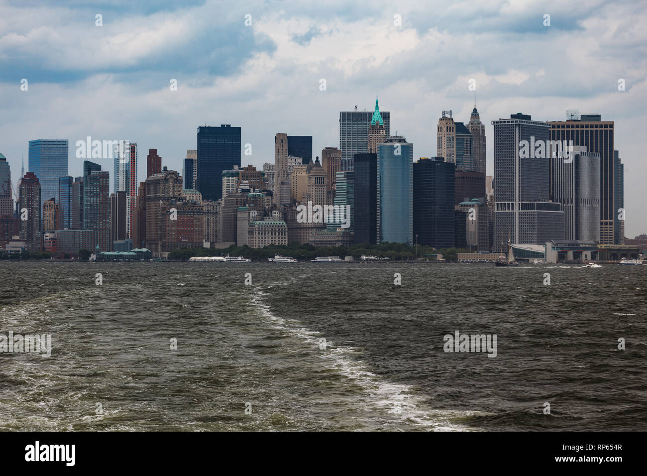 View of Panorama of skyline of lower Manhattan buildings and waterfront from ...
