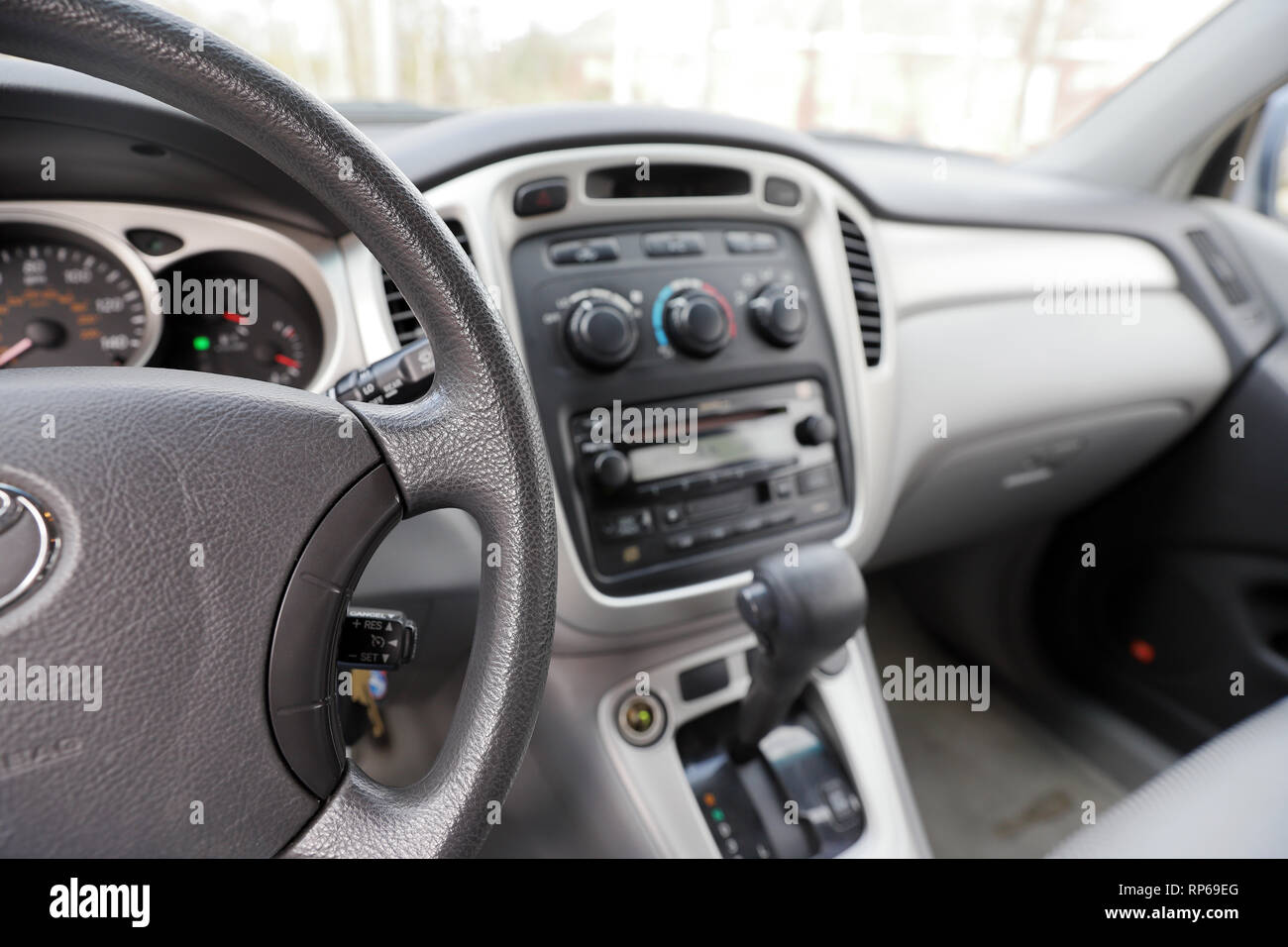 vehicle steering wheel, gear shift, radio and climate controls - interior, front, dashboard Stock Photo