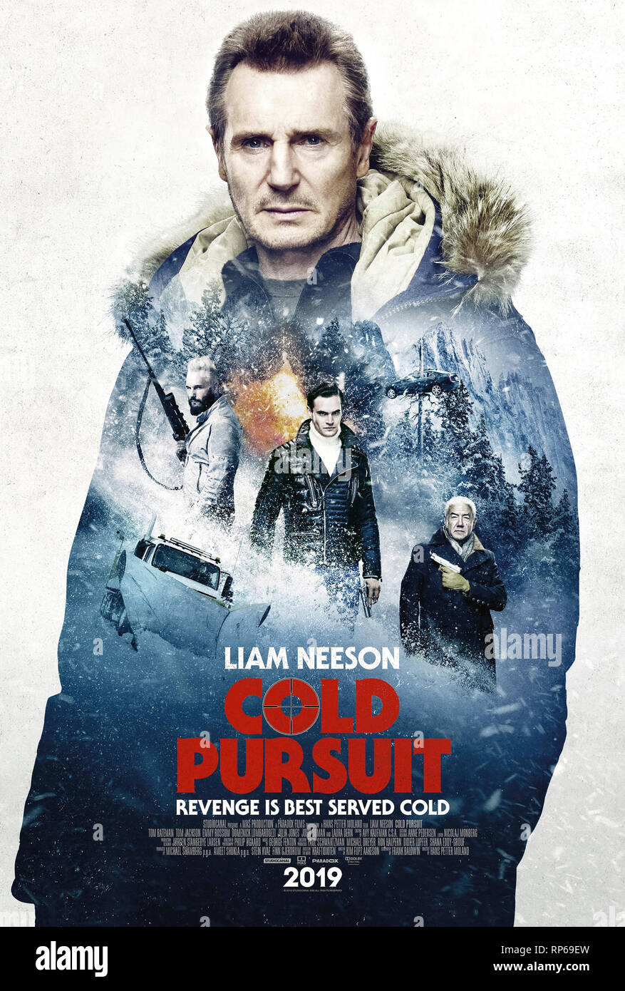 Cold Pursuit (2019) directed by Hans Petter Moland and starring Liam Neeson, Laura Dern and Micheál Richardson. Remake of the Norwegian film Kraftidioten; a snowplow drives takes vengeance on the drug lord who murdered his son. Stock Photo