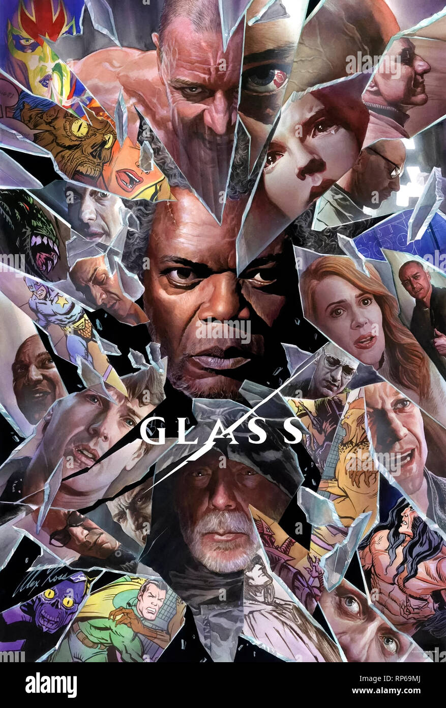 Glass (2019) directed by M. Night Shyamalan and starring James McAvoy, Bruce Willis and Samuel L. Jackson. Stock Photo