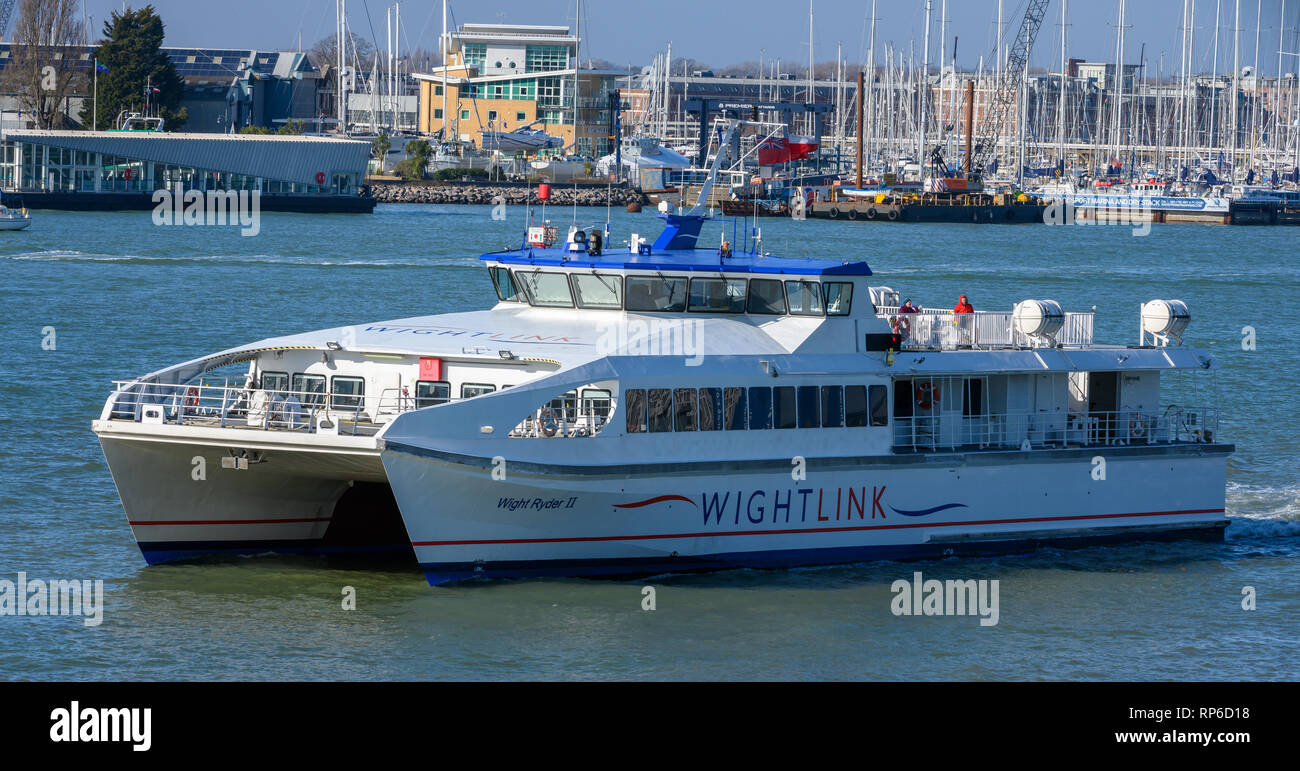 'Wight Ryder 11' Wightlink passenger ferry between Portsmouth and Isle of Wight, in Portsmouth harbour, Portsmouth, Hampshire, England, UK. Stock Photo