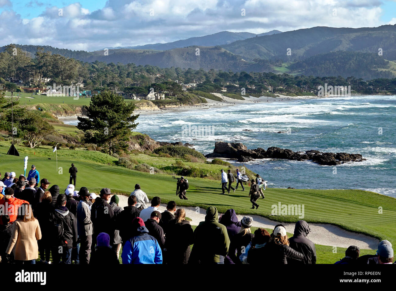 11th February, 2019  Pebble Beach Golf Links, CA, USA  The 8th hole at Pebble Beach Golf Course with a view to Carmel Beach during the AT&T Pebble Bea Stock Photo