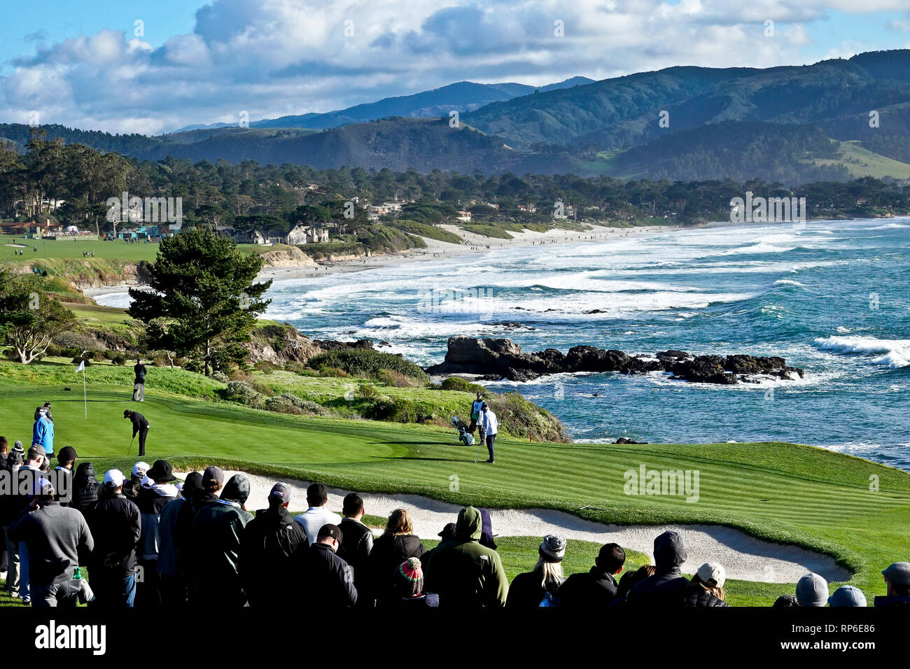 11th February, 2019  Pebble Beach Golf Links, CA, USA  The 8th hole at Pebble Beach Golf Course with a view to Carmel Beach during the AT&T Pebble Bea Stock Photo