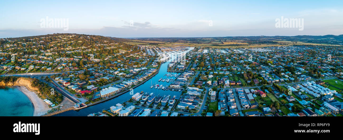 Aerial panorama of luxury coastal suburb on Mornington Peninsula. Safety Beach, Melbourne, Australia Stock Photo