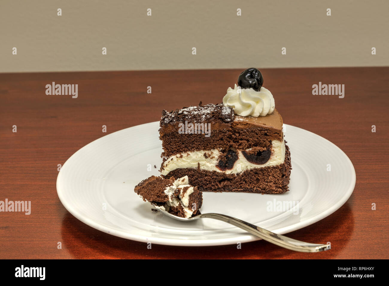 Black forest chocolate cake with dark cherries as a dessert at a buffet