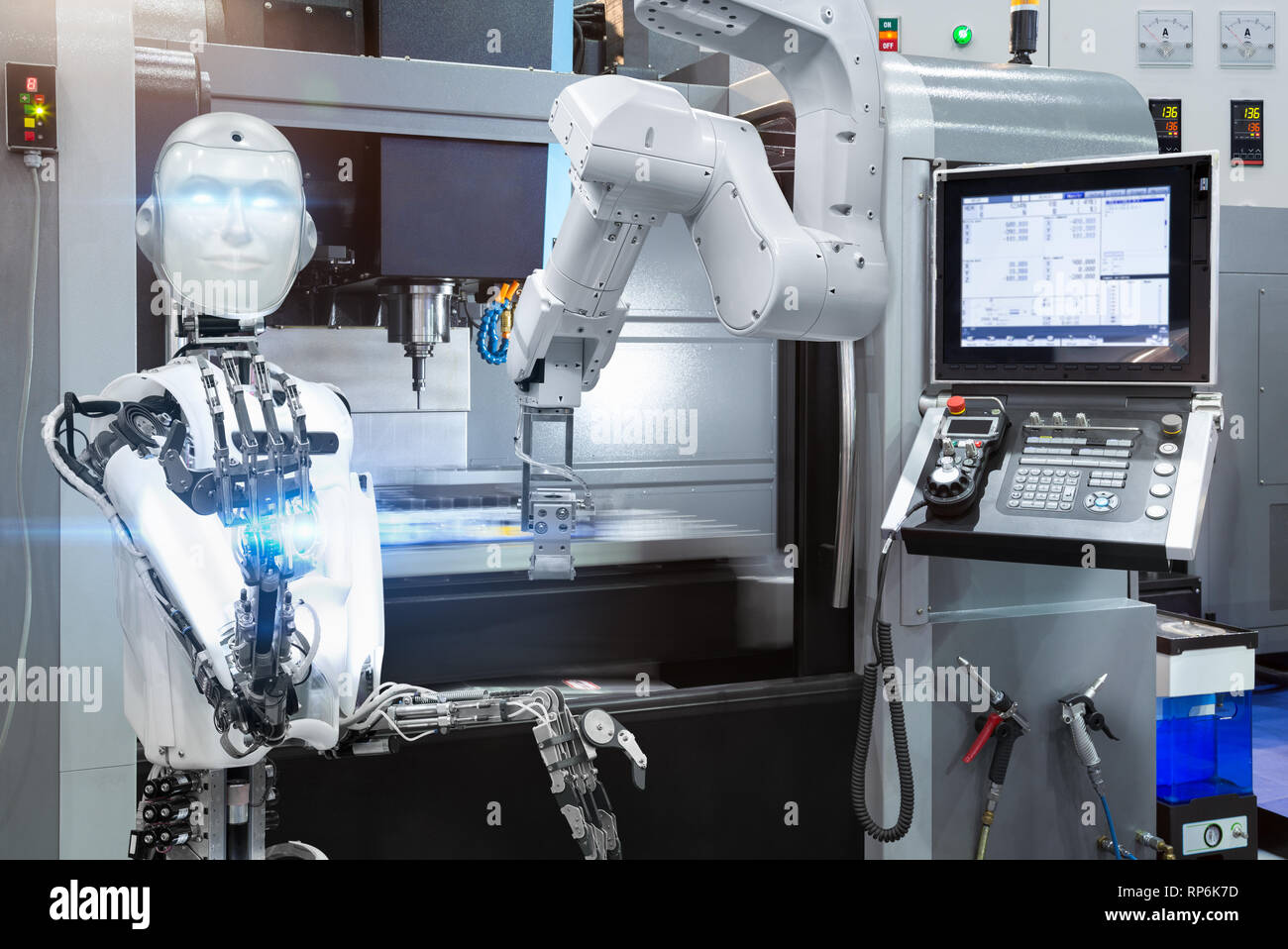 Humanoid robot control automatic robotic industrial with CNC machine in smart factory. Future technology concept Stock Photo