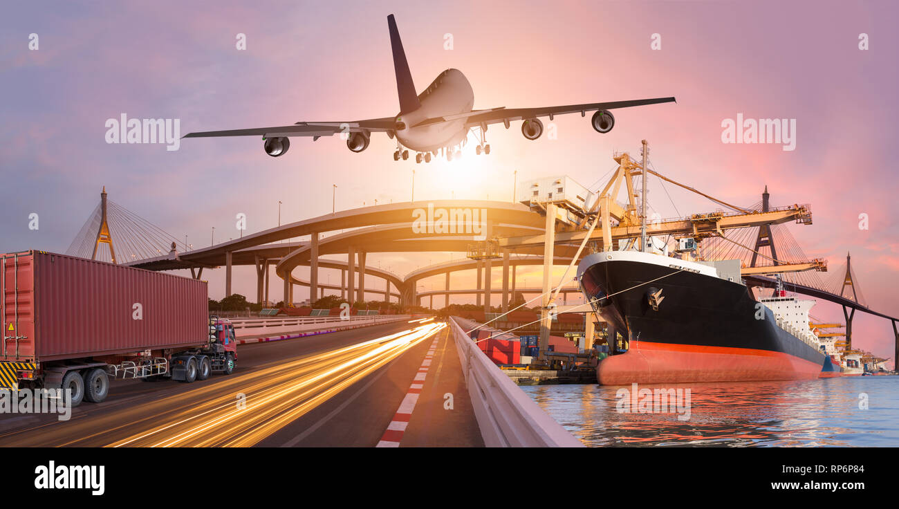Panorama transport and logistic concept by truck boat plane for logistic Import export background Stock Photo