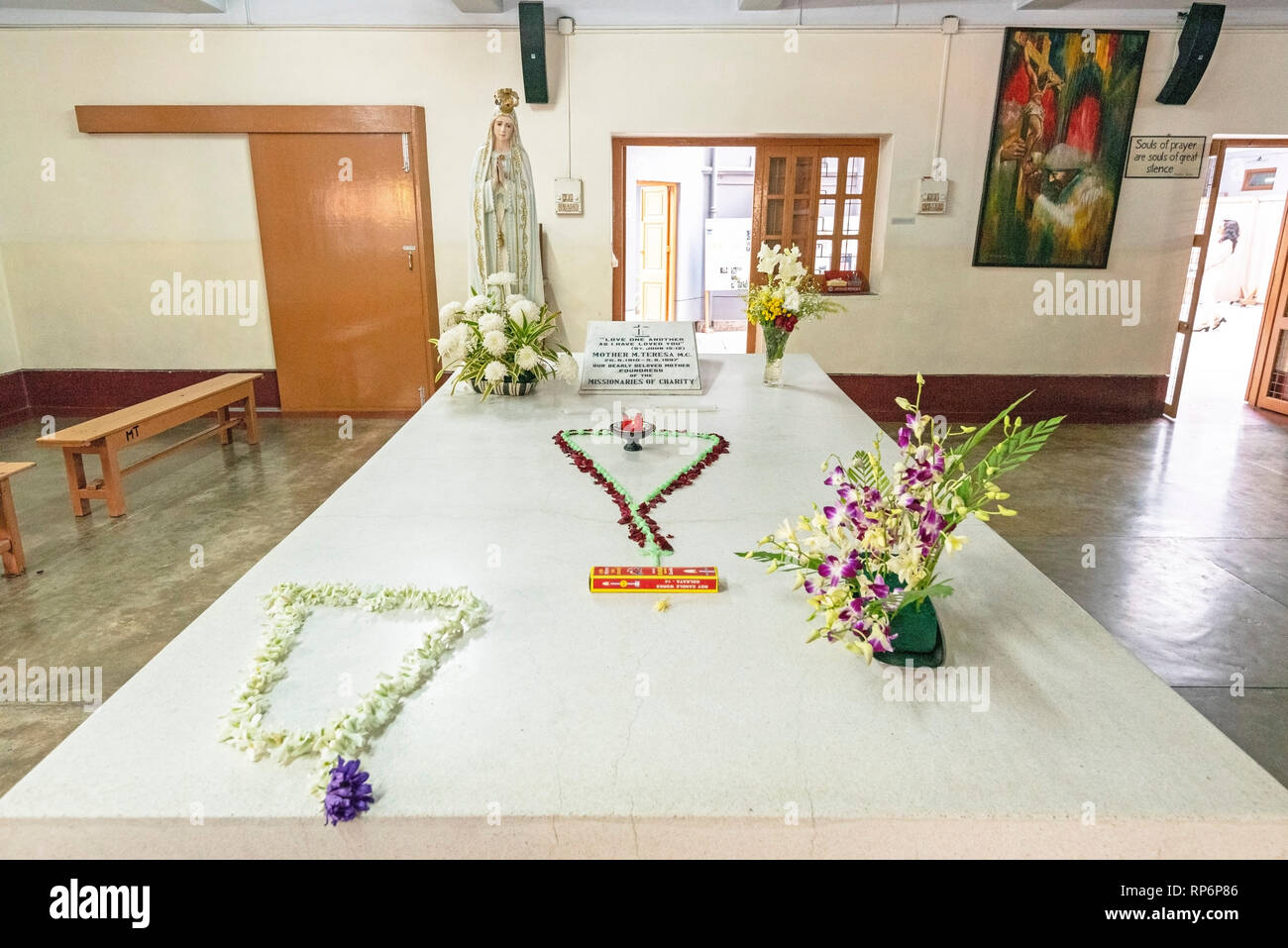 Mother Teresa's tomb, preserved room are on display at this quiet convent 'The Mother House of the Missionaries of Charity' in Kolkata. Stock Photo