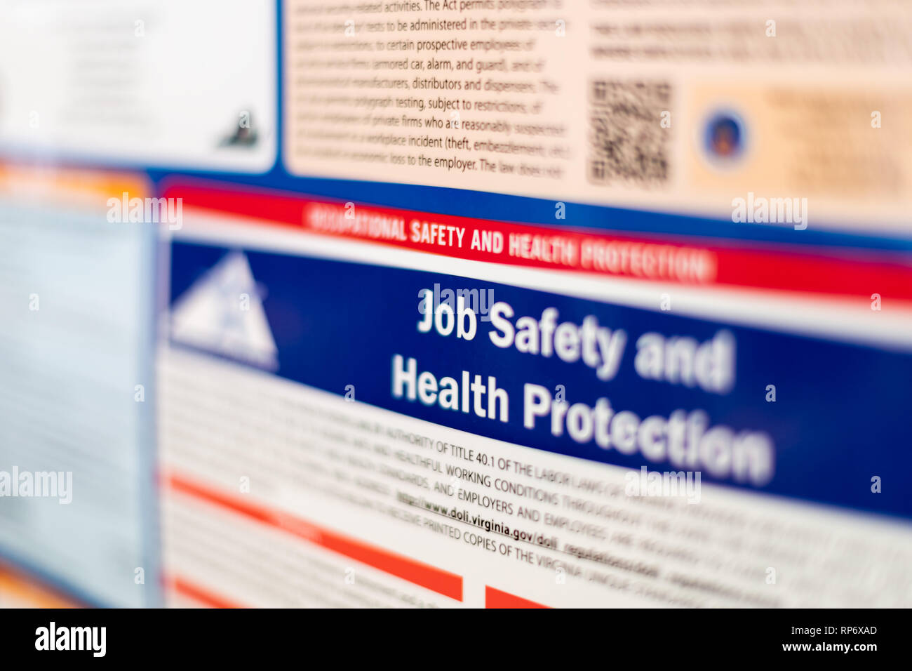 Fairfax, USA - September 29, 2018: Job Safety and Health Protection sign on board post information in Virginia office Stock Photo