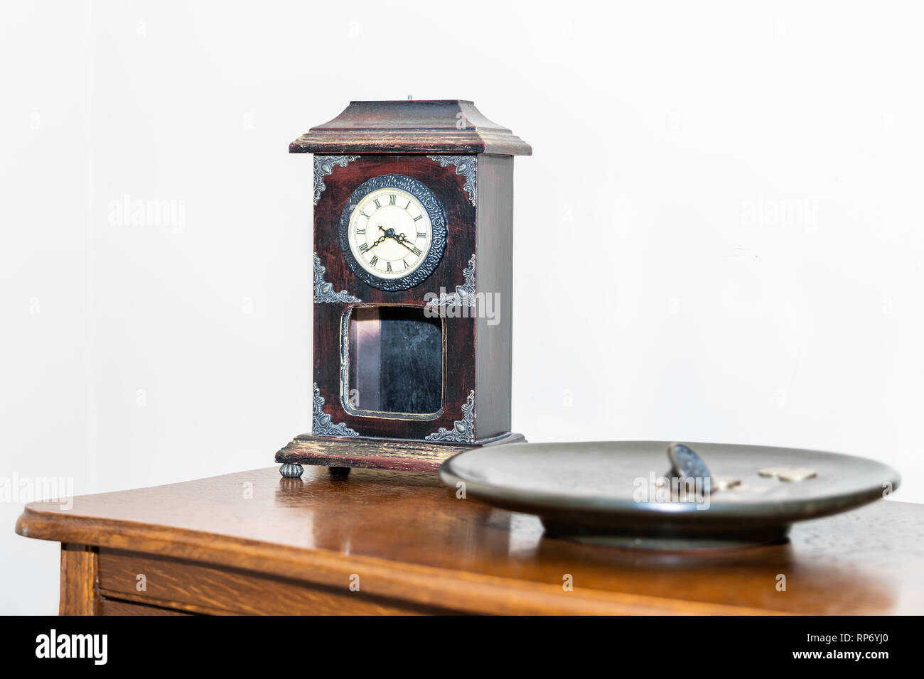 Closeup Of Antique Vintage Retro Wooden Nightstand With Old