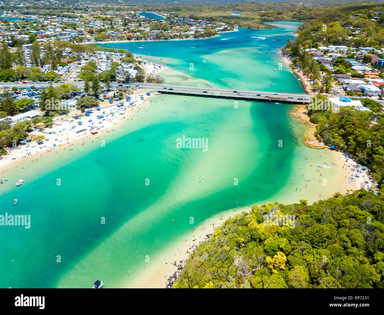 An aerial view of Tallebudgera Creek on a sunny day with blue water on the Gold Coast in Queensland, Australia Stock Photo
