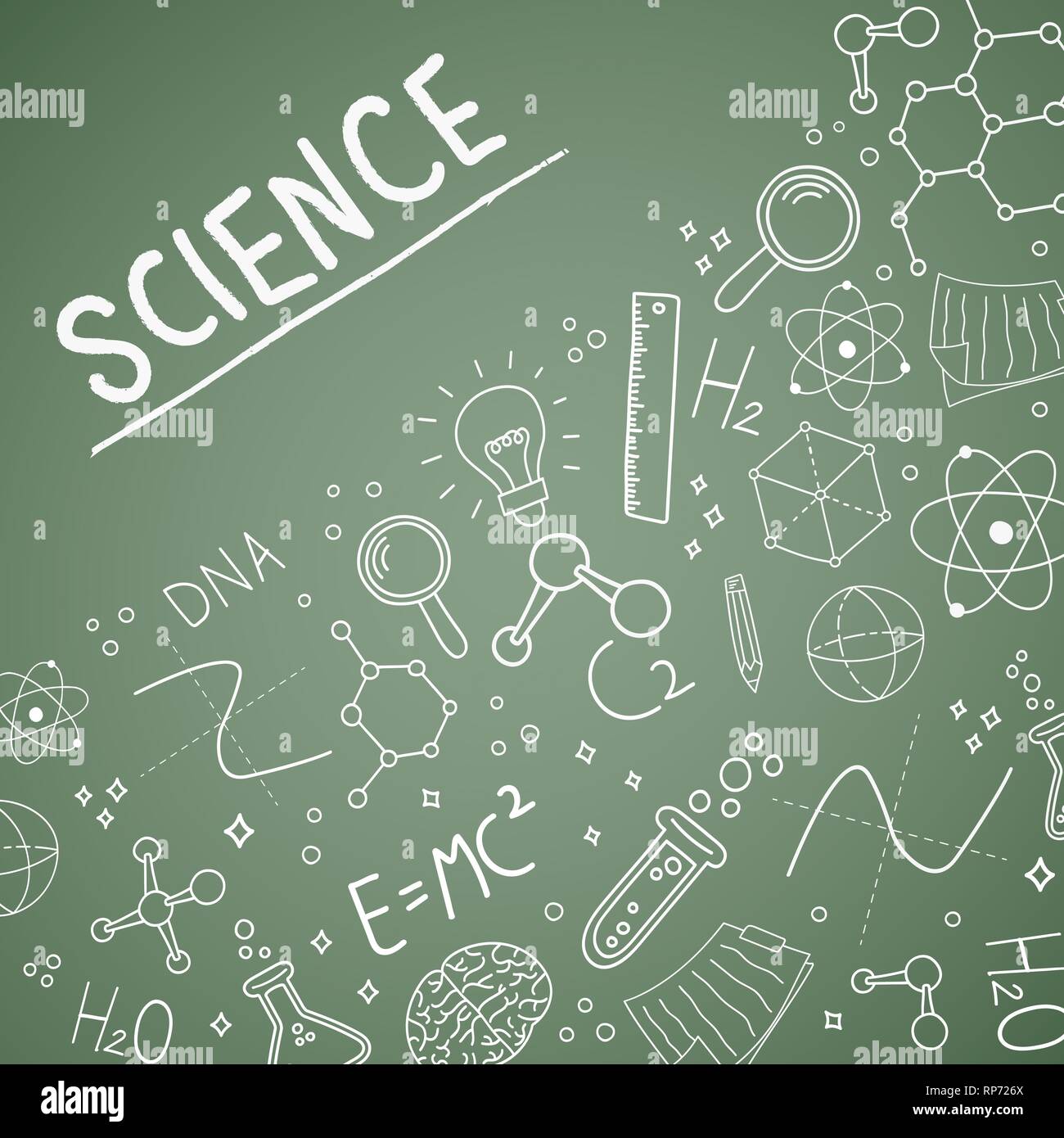 Science Day illustration of doodle icons on blackboard background for