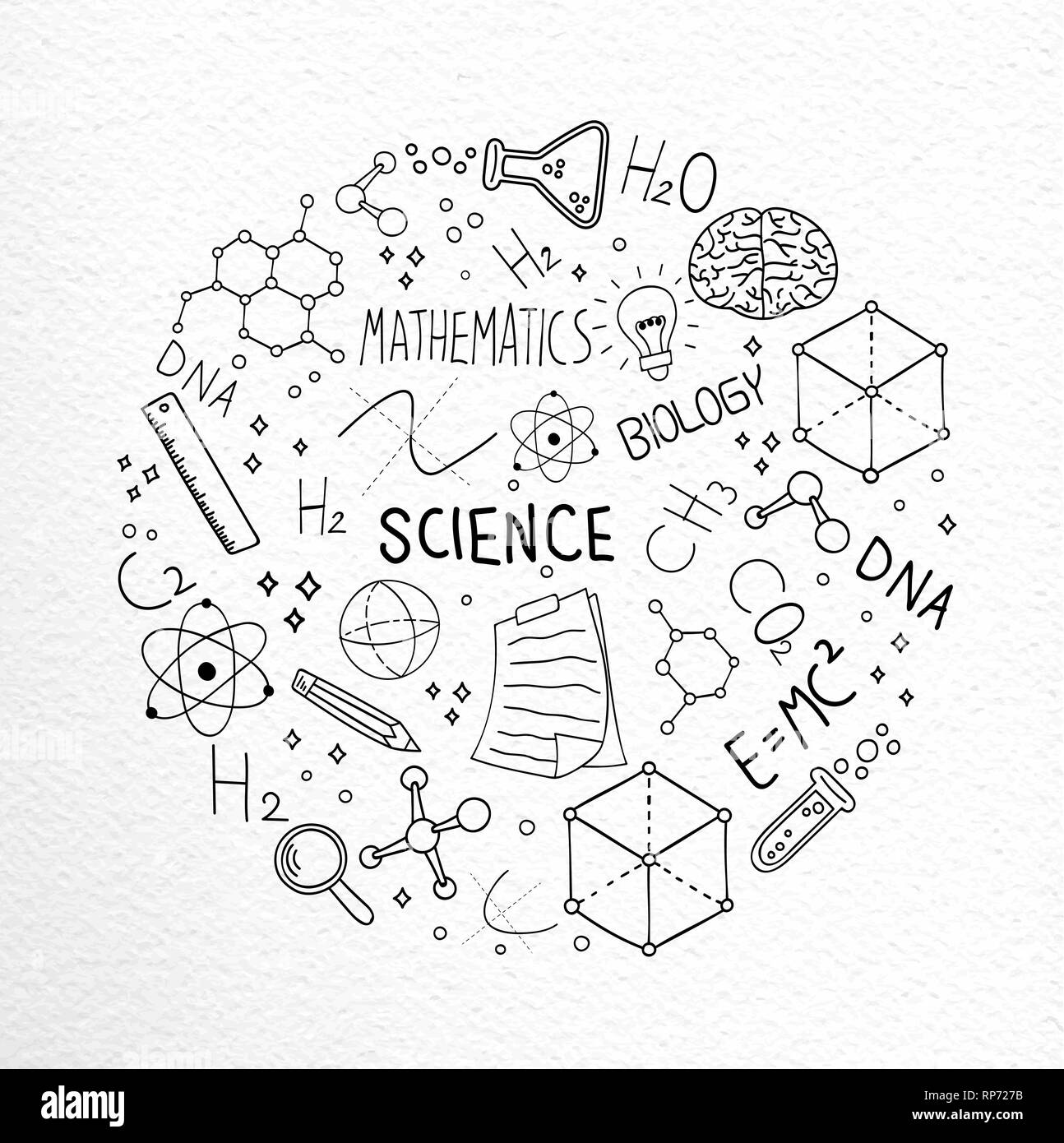 Science illustration concept of hand drawn doodle icons for education and research over textured paper. Stock Vector