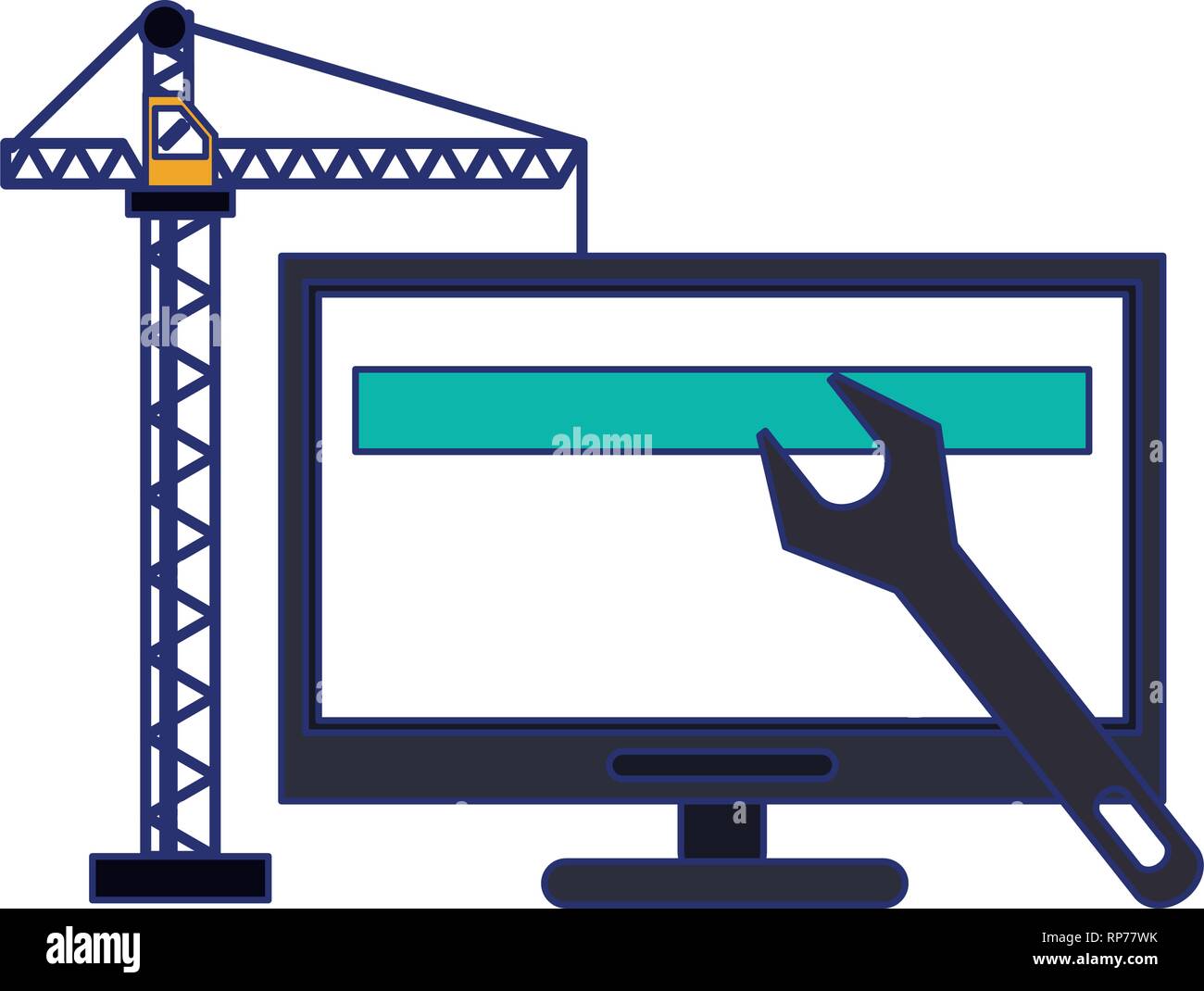 computer with construction crane and wrench blue lines Stock Vector ...