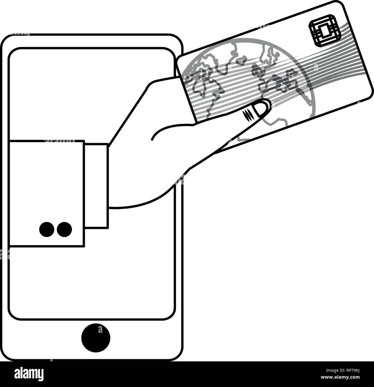 smartphone with businessman hand holding credit card black and white ...