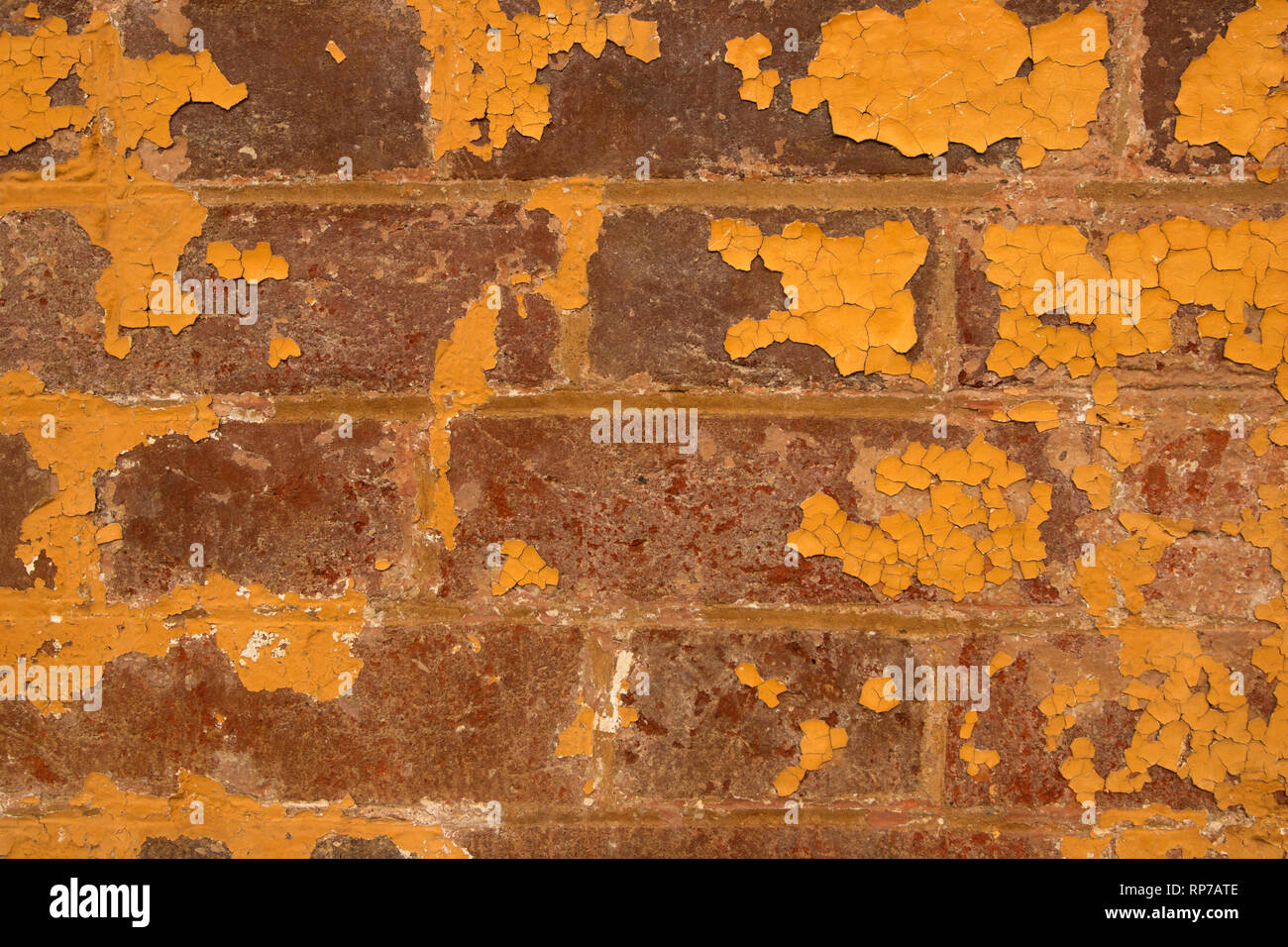 Rustic crackled yellow paint with exposed brick wall background and copy space. Stock Photo