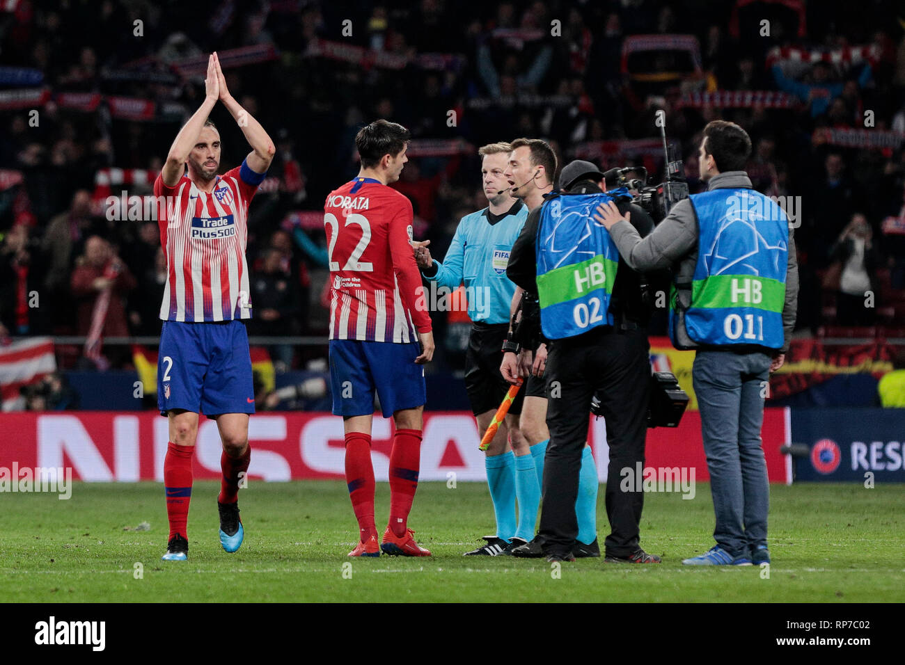Atletico de Madrid's Diego Godin seen celebrating during the UEFA Champions League match, Round of 16, 1st leg between Atletico de Madrid and Juventus at Wanda Metropolitano Stadium in Madrid, Spain. Stock Photo
