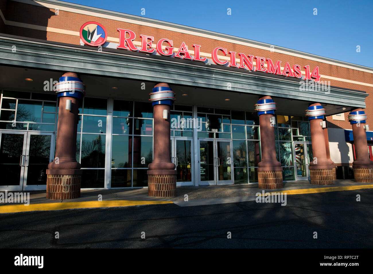 A logo sign outside of a Regal Cinemas movie theater location in Fredericksburg, Virginia on February 19, 2019. Stock Photo