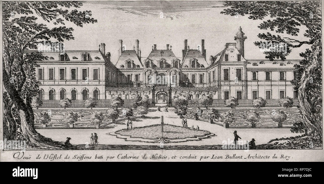 Hôtel de Soissons in the 17th century, copperplate engraving - Prince Eugene's birthplace. Engraving by Israel Silvestre, circa 1650 Stock Photo