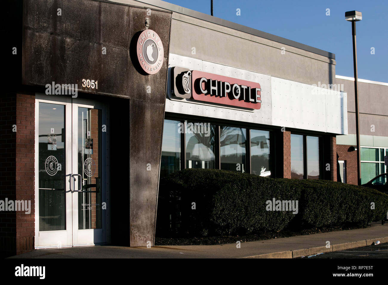 A logo sign outside of a Chipotle restaurant location in Fredericksburg, Virginia on February 19, 2019. Stock Photo