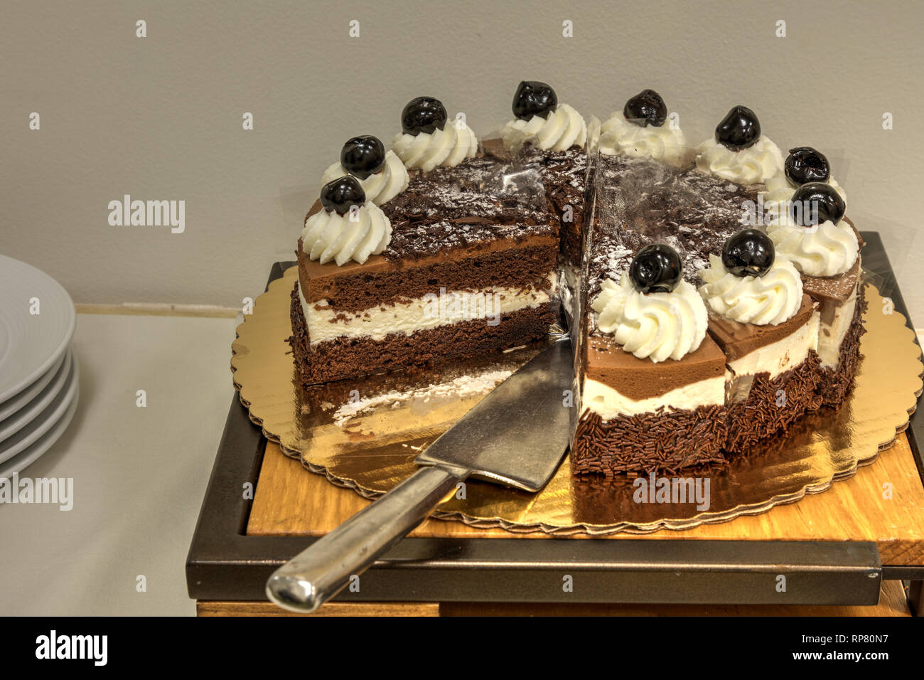 Black forest chocolate cake with dark cherries as a dessert at a buffet