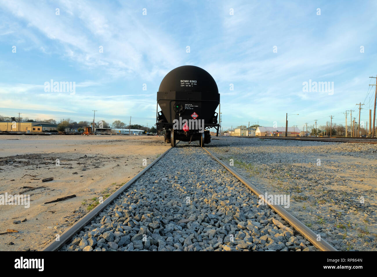Train tanker for transporting Class 3 flammable liquids by rail; railway transportation for chemicals; Bryan, Texas, USA. Stock Photo