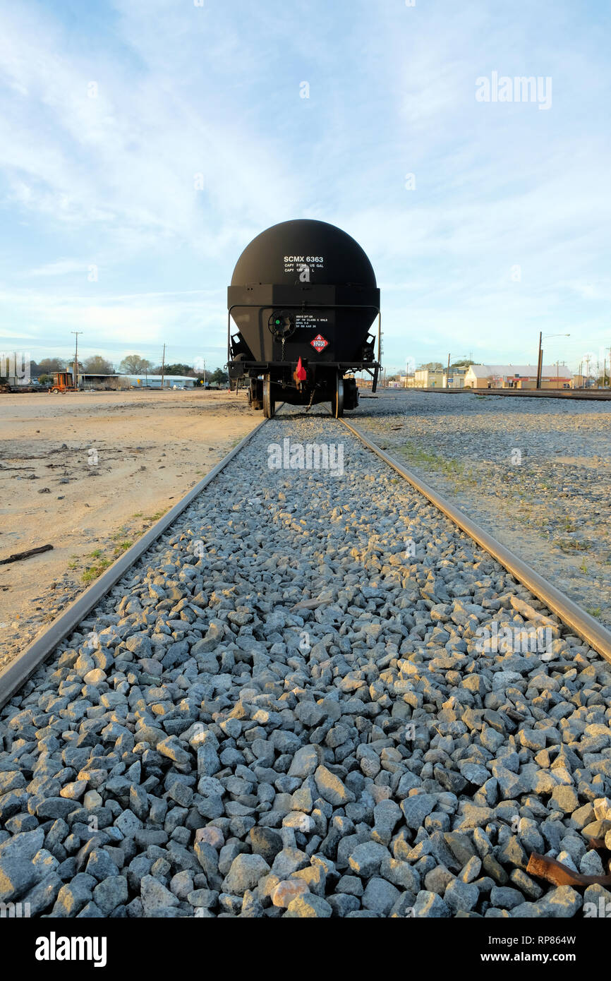 Train tanker for transporting Class 3 flammable liquids by rail; railway transportation for chemicals; Bryan, Texas, USA. Stock Photo