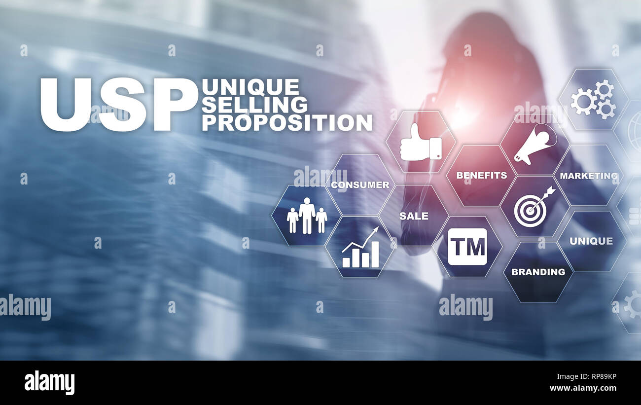 UPS - Unique selling propositions. Business and finance concept on a virtual structured screen. Mixed media. Stock Photo