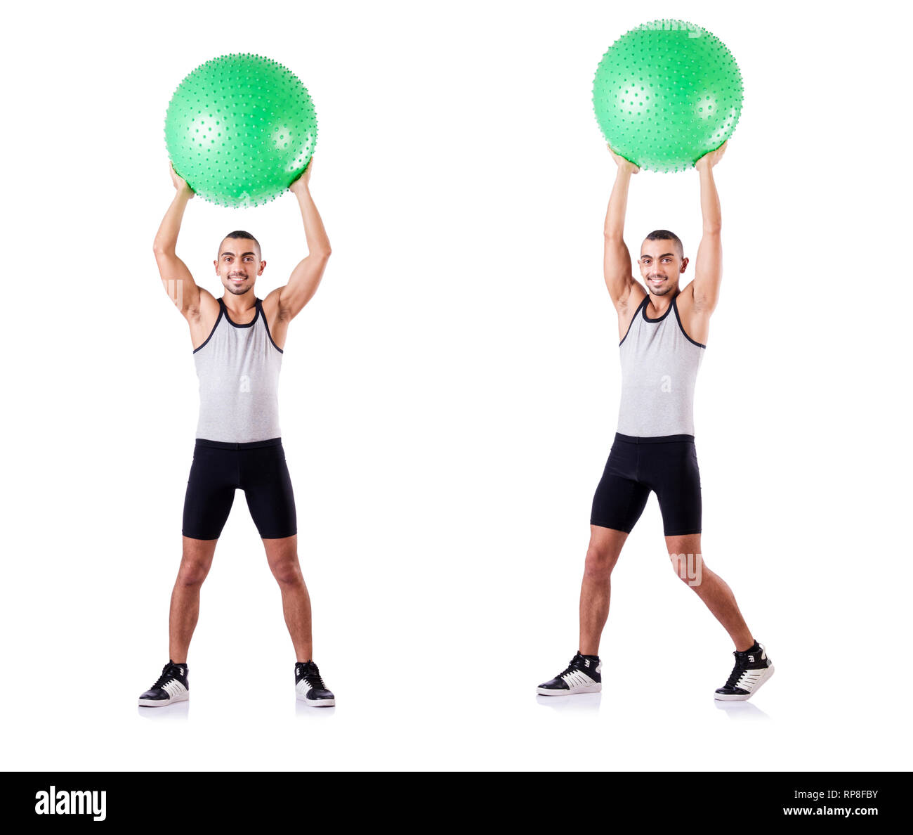 Man with swiss ball doing exercises on white Stock Photo - Alamy