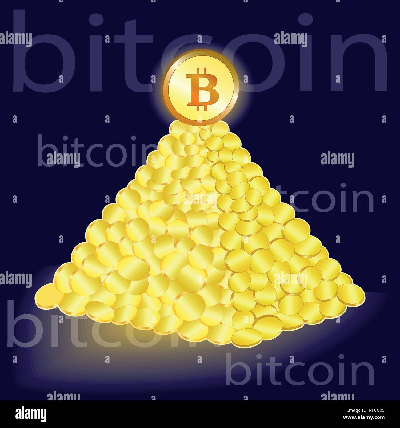 The Bitcoin Symbol. Pyramid of gold coins . Blue . The Inscription ...