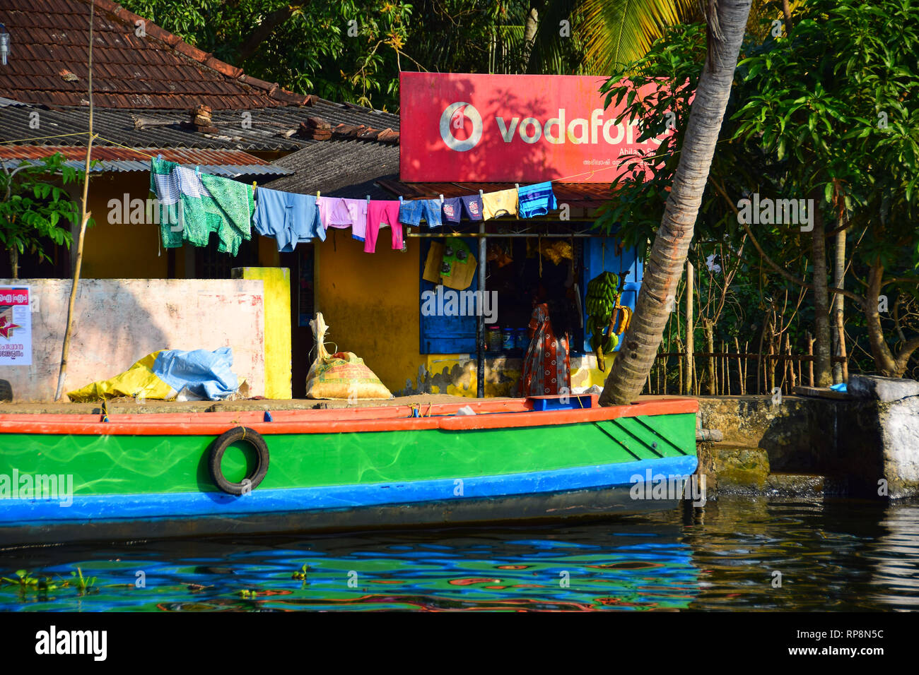Boats on Alappuzha or Alleppey backwaters, Kerala, Southern India Stock Photo