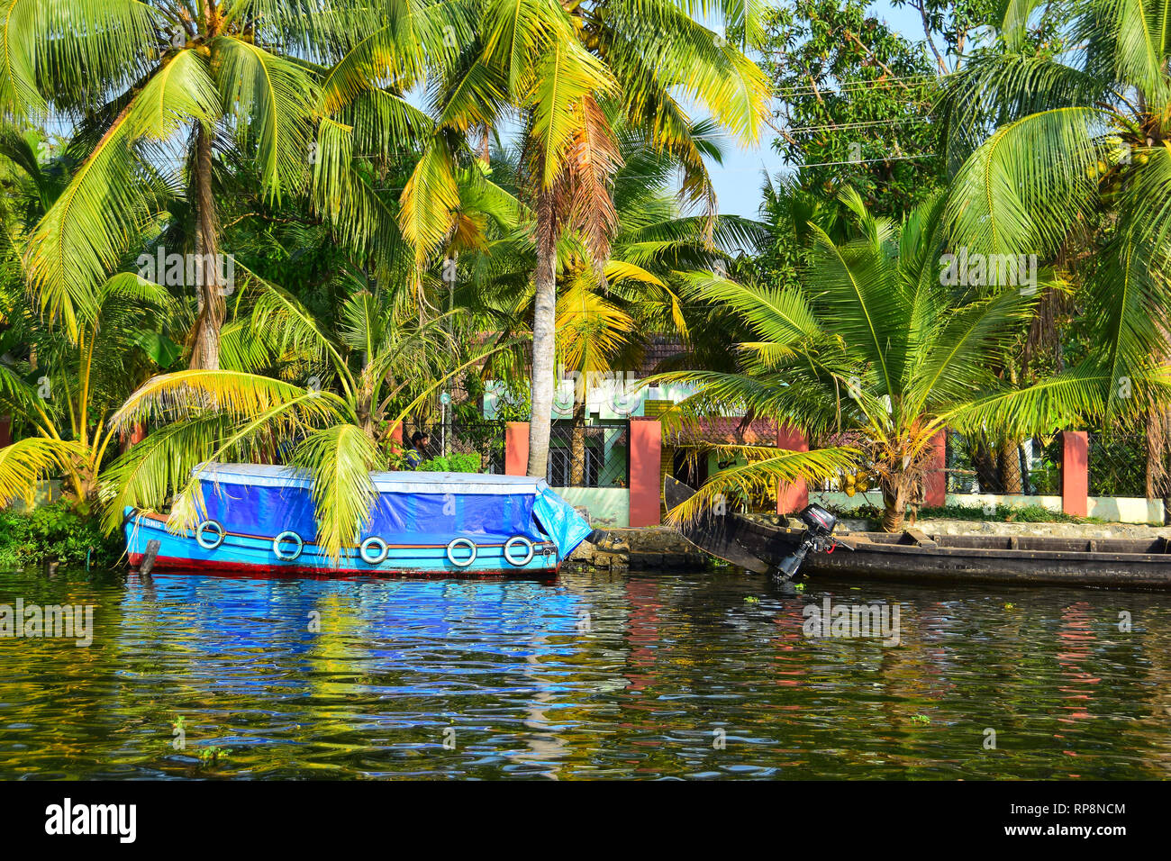 Boats on Alappuzha or Alleppey backwaters, Kerala, Southern India Stock ...