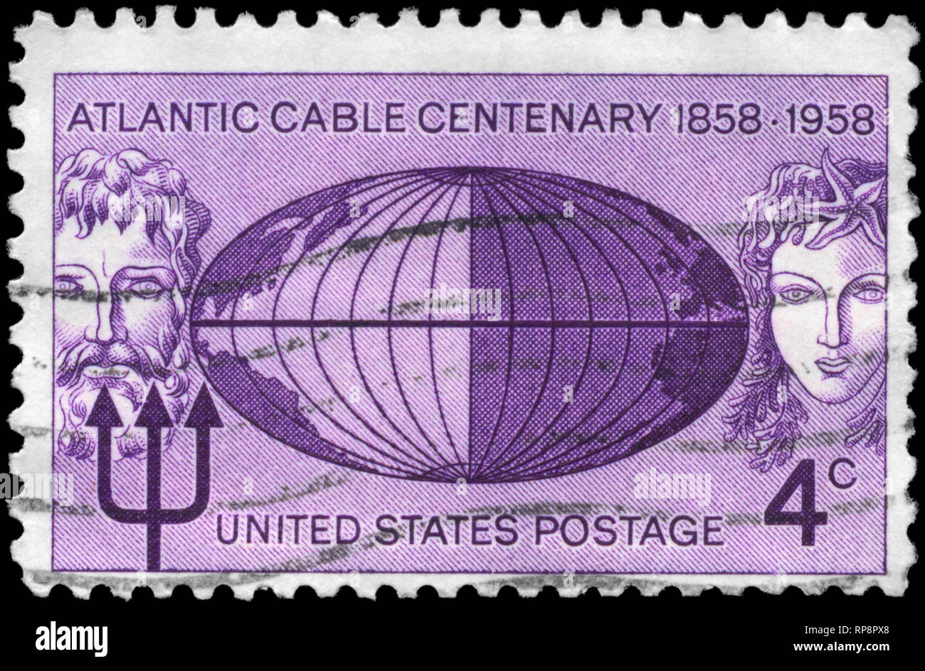 USA - CIRCA 1958: A Stamp printed in USA shows the Neptune, Globe and Mermaid, Atlantic Cable Centennial Issue, circa 1958 Stock Photo