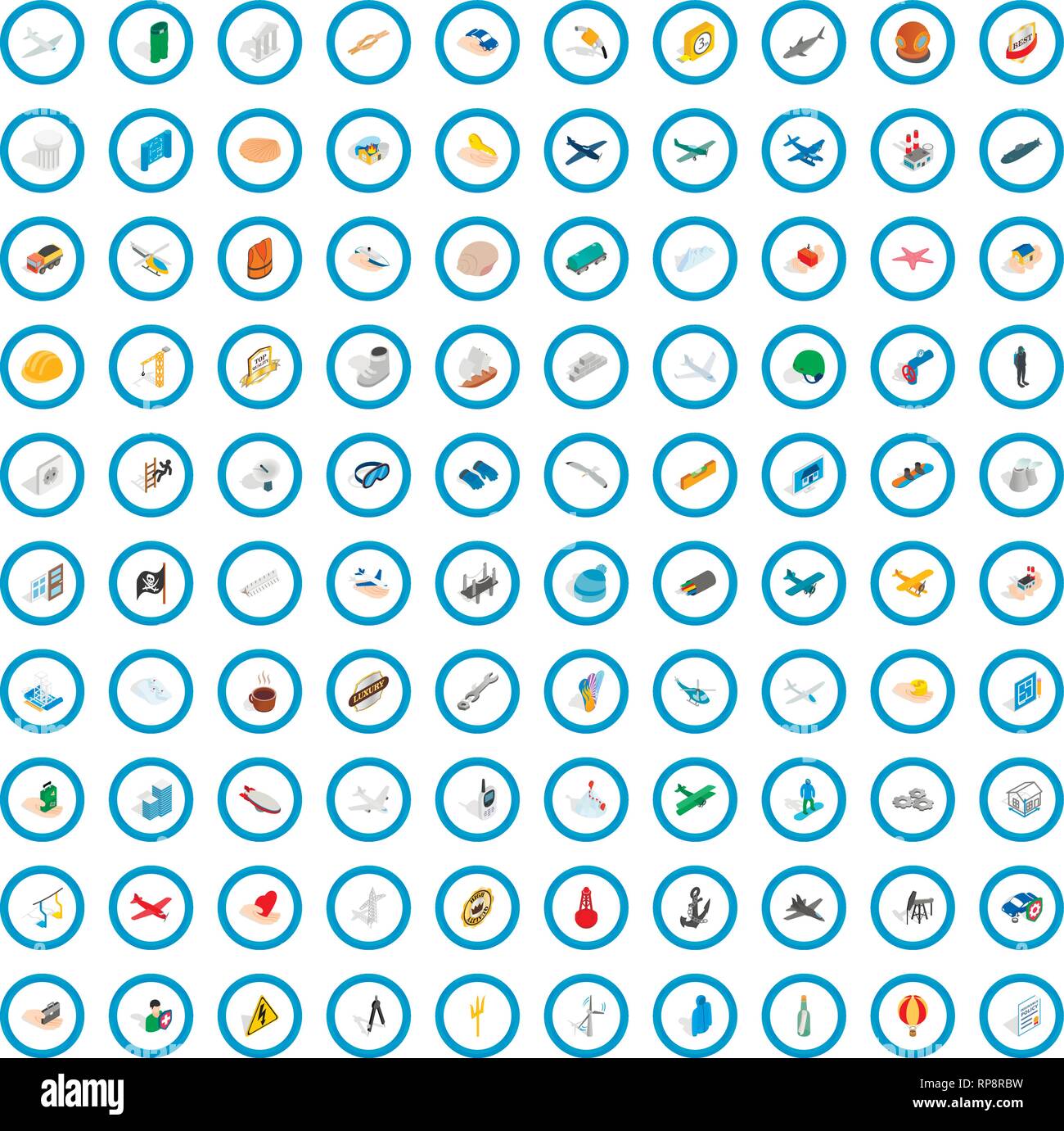 100 belay icons set, isometric 3d style Stock Vector