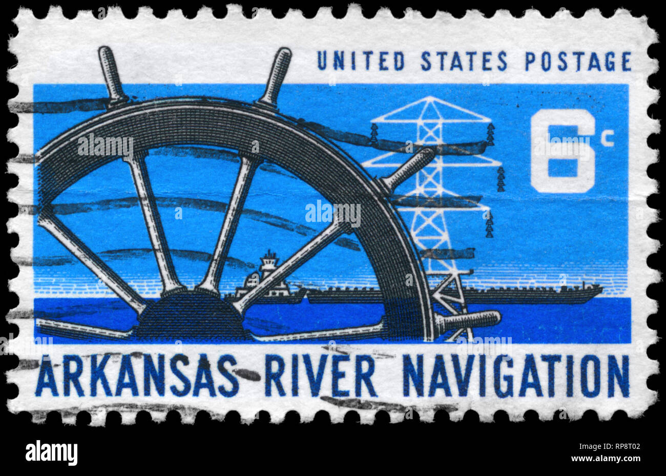 USA - CIRCA 1968: A Stamp printed in USA shows the Ship’s Wheel, Power Transmission Tower & Barge, Arkansas River Navigation Issue, circa 1968 Stock Photo
