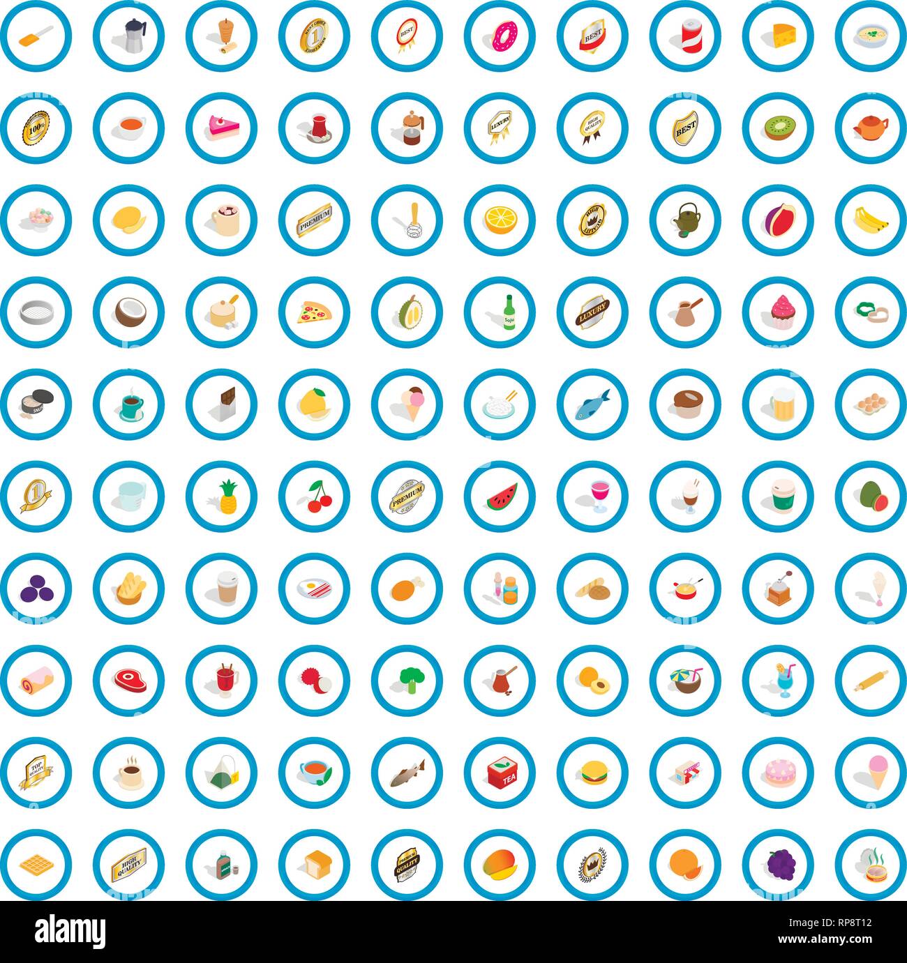 100 beverage icons set, isometric 3d style Stock Vector