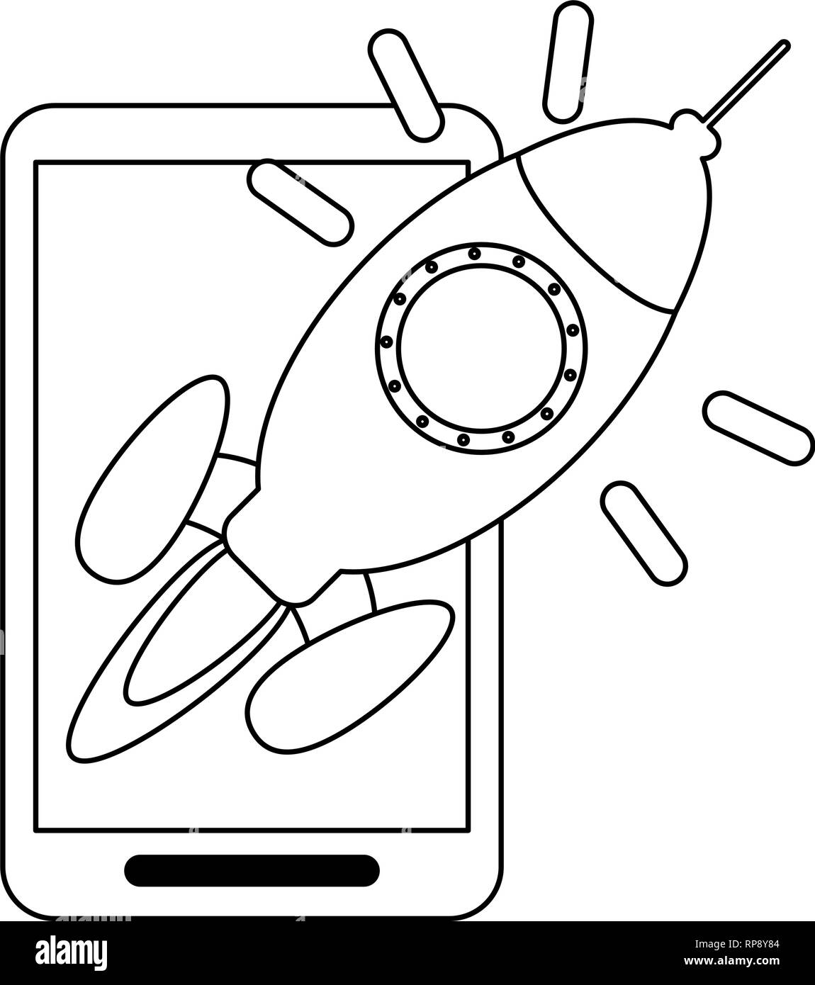 smartphone with rocket start up on screen black and white Stock Vector ...