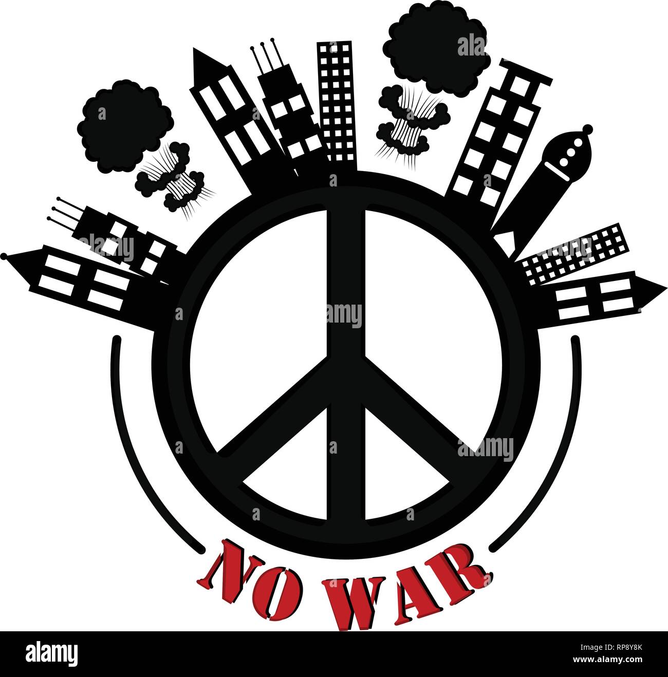 No war banner with a peace symbol and buildings Stock Vector