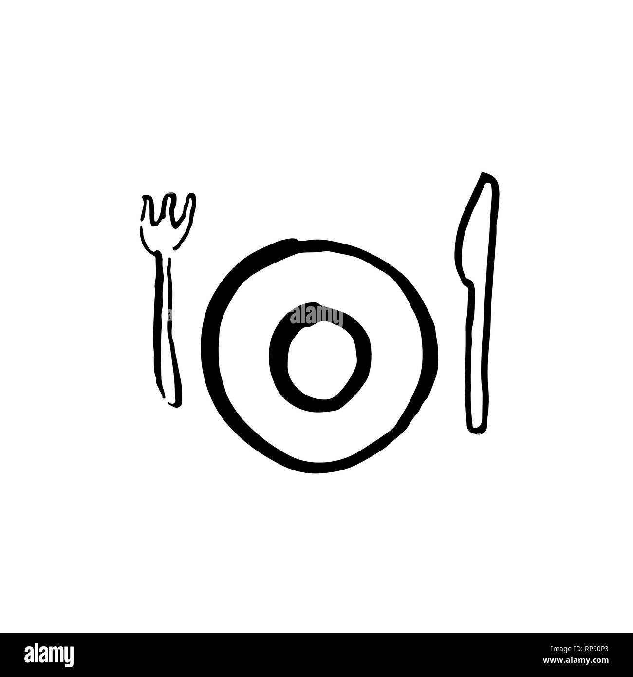 Plate, fork and knife grunge icon. Hand drawn brush vector illustration. Stock Vector