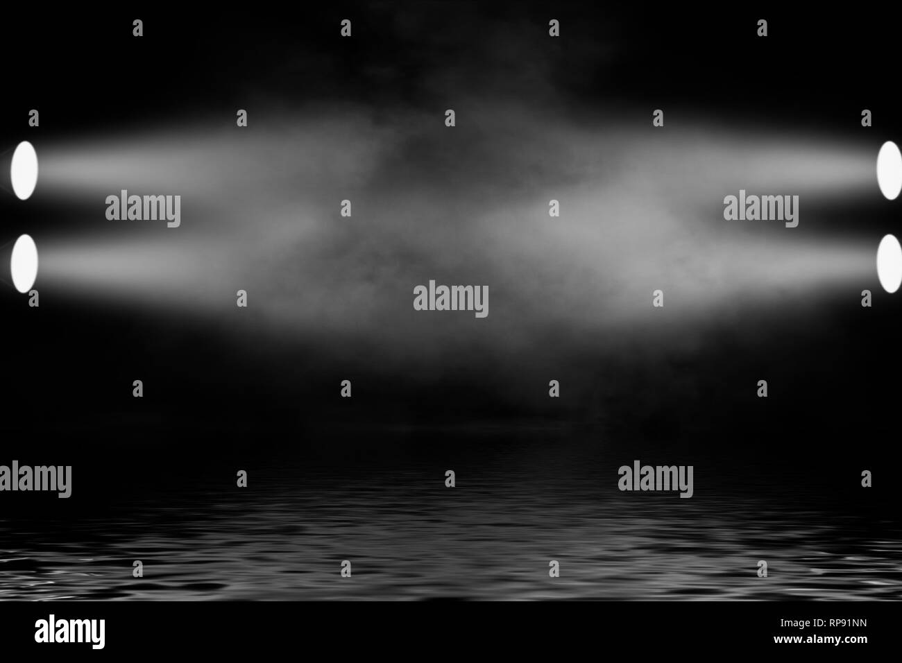 Projector spotlight with reflection in water. Isolated on black